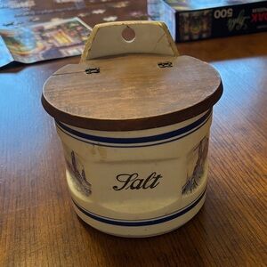 Vintage Ceramic Salt Box with Wooden Lid